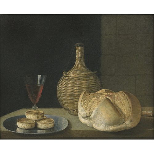 "A flagon of wine, a wine glass, a loaf of bread and knife and pies on a pewter plate."